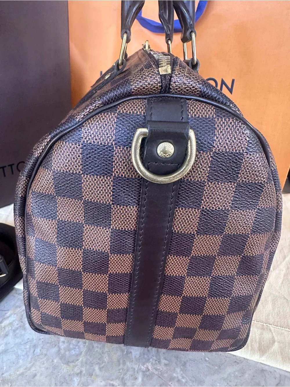 Louis Vuitton Damier Ebene Satchel in Brown with Gold Hardware